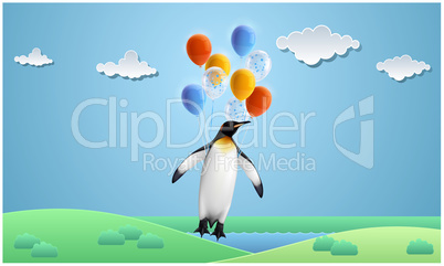 penguin is flying with balloons in garden