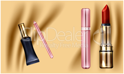 mock up illustration of female eyeliner and lip care on abstract background
