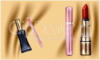 mock up illustration of female eyeliner and lip care on abstract background