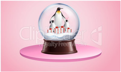art of penguin family in snow with gifts in a glass ball