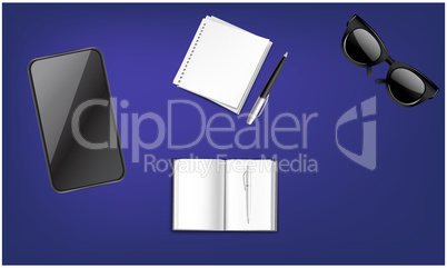 office accessory with smartphone on abstract background