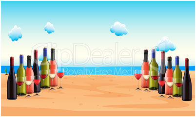 collection of wine bottle with glasses on beach side for party