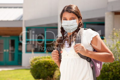 Hispanic Student Girl Wearing Face Mask with Backpack on School