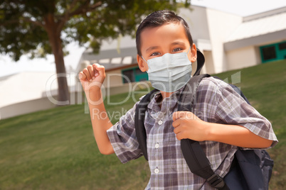 Hispanic Student Boy Wearing Face Mask with Backpack on School C