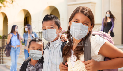 Young Students on School Campus Wearing Medical Face Masks