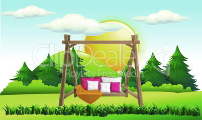 mock up illustration of hanging wooden chair with cushion in a garden during sun set