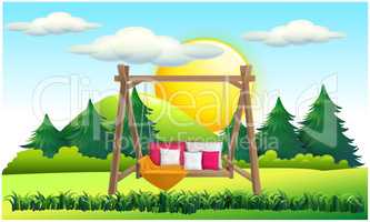 mock up illustration of hanging wooden chair with cushion in a garden during sun set