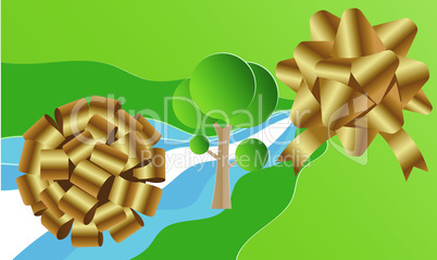 art of two gold flowers on abstract green background