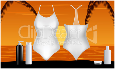 mock up illustration of swim wear and cosmetics on abstract background