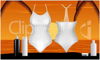mock up illustration of swim wear and cosmetics on abstract background