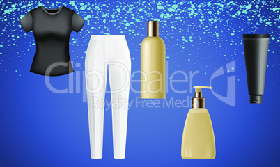 mock up illustration of female fashion wear and cosmetics on abstract background