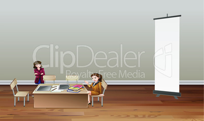 mock up illustration of empty roll up stand in business meeting