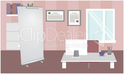 mock up illustration of roll up banner in a office