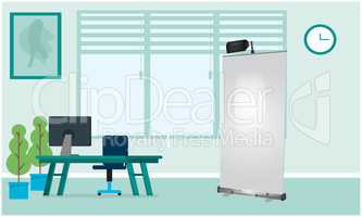 mock up illustration of roll up banner in a office