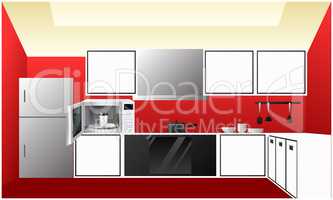 illustration of kitchen view with microwave oven and hot cup coffee