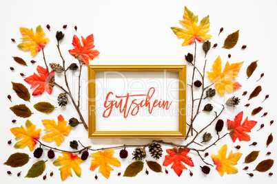 Colorful Autumn Leaf Decoration, Golden Frame, Text Gutschein Means Voucher
