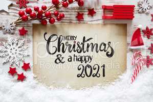 Bright Red Christmas Decoration, Paper, Merry Christmas And A Happy 2021