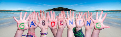 Children Hands Building Word Gardening, Ocean Background