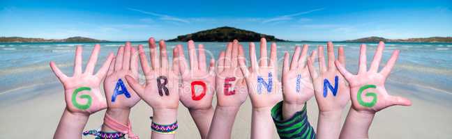 Children Hands Building Word Gardening, Ocean Background