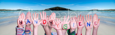 Kids Hands Holding Word Handhygiene Means Hand Hygiene, Ocean Background