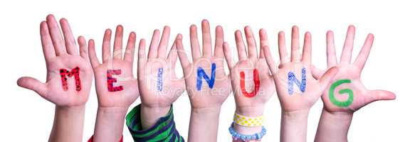 Children Hands Building Word Meinung Means Opinion, Isolated Background