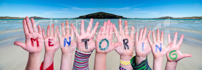 Children Hands Building Word Mentoring, Ocean Background