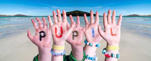Children Hands Building Word Pupil, Ocean Background