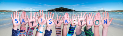 Children Hands Building Word Satisfaction, Ocean Background