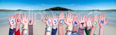 Kids Hands Holding Word Self Isolation, Ocean Background