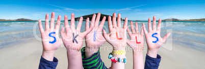 Children Hands Building Word Skills, Ocean Background