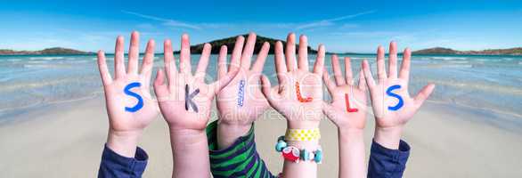 Children Hands Building Word Skills, Ocean Background