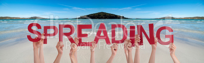 People Hands Holding Word Spreading, Ocean Background