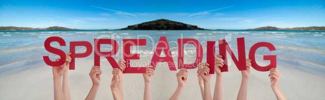 People Hands Holding Word Spreading, Ocean Background
