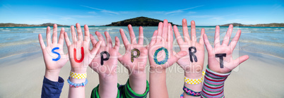Children Hands Building Word Support, Ocean Background