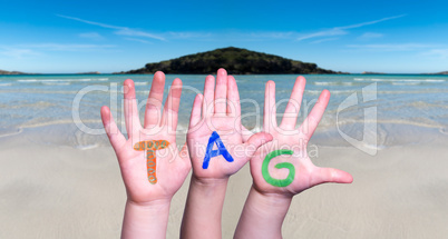 Children Hands Building Word Tag Means Day, Ocean Background