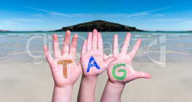 Children Hands Building Word Tag Means Day, Ocean Background