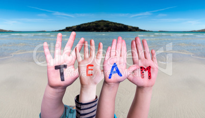 Children Hands Building Word Team, Ocean Background