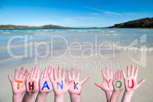 Many Children Hands Building Word Thank You, Ocean Background