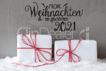 Two White Gifts, Snow, Cement, Glueckliches 2021 Means Happy 2021