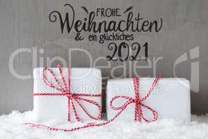 Two White Gifts, Snow, Cement, Glueckliches 2021 Means Happy 2021