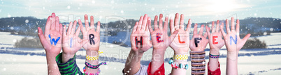 Kids Hands Holding Word Wir Helfen Means We Help, Snowy Winter Background