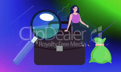 girl sitting on suitcase with full bag of money and magnifying glass