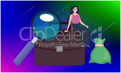 girl sitting on suitcase with full bag of money and magnifying glass
