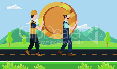 builder carrying a big coin on the road