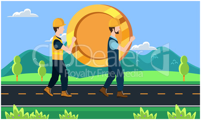 builder carrying a big coin on the road
