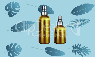 mock up illustration of different size of perfume on abstract leaves background