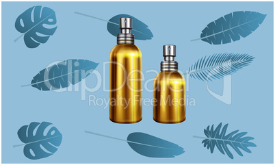 mock up illustration of different size of perfume on abstract leaves background