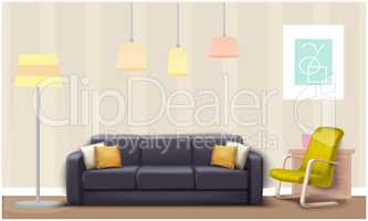 mock up illustration of gray couch and yellow chair in a lounge