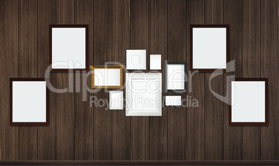 mock illustration of blank photo frame collage on wooden wall