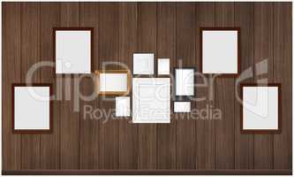 mock illustration of blank photo frame collage on wooden wall